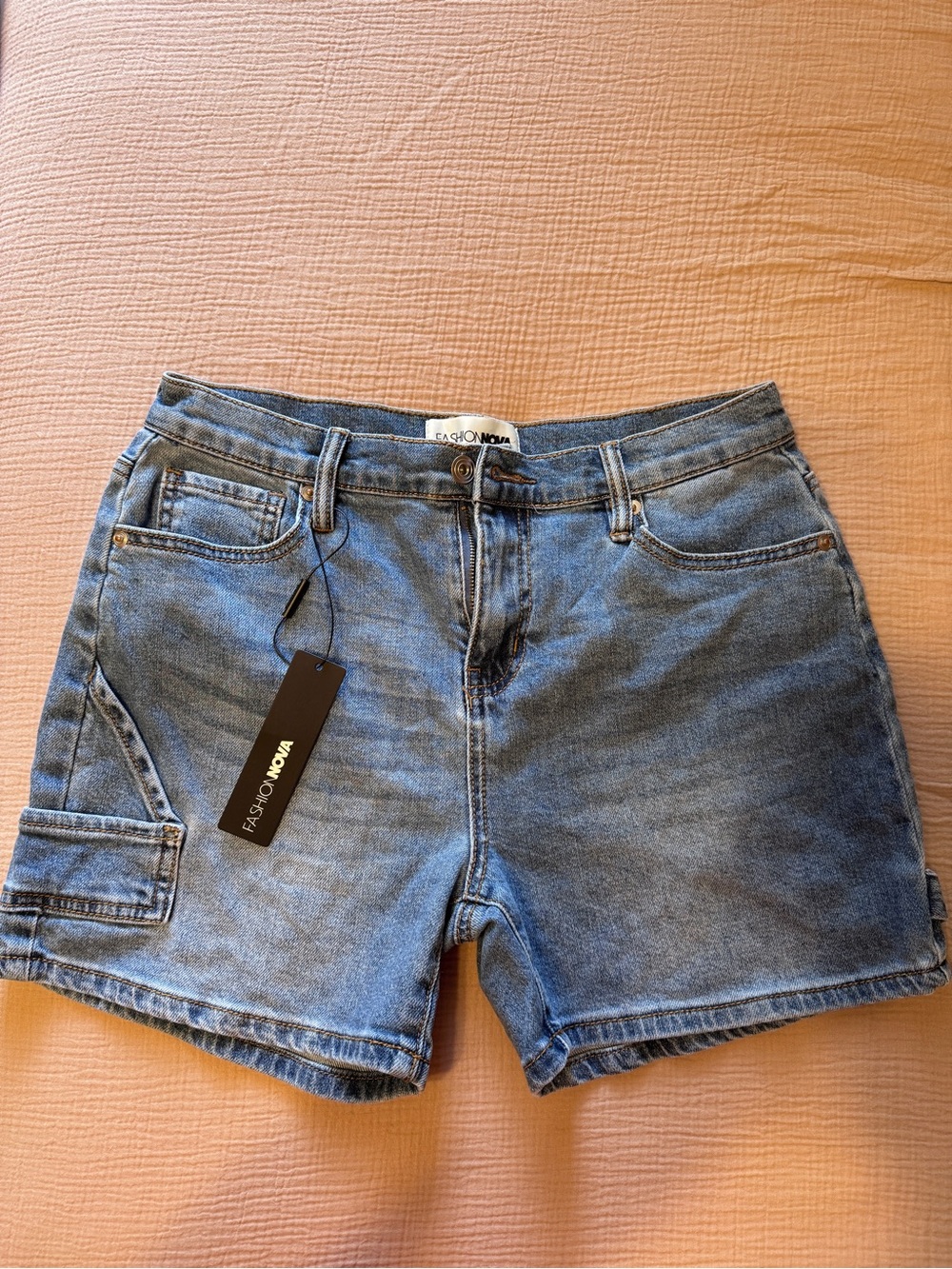 Fashion Nova Washed Blue Denim Utility Shorts